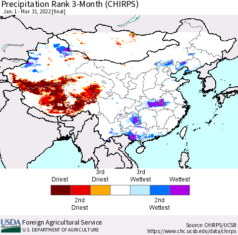 China, Mongolia and Taiwan Precipitation Rank since 1981, 3-Month (CHIRPS) Thematic Map For 1/1/2022 - 3/31/2022
