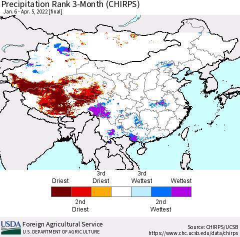 China, Mongolia and Taiwan Precipitation Rank since 1981, 3-Month (CHIRPS) Thematic Map For 1/6/2022 - 4/5/2022