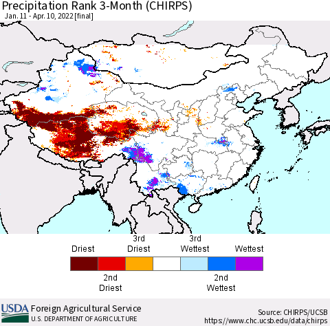 China, Mongolia and Taiwan Precipitation Rank since 1981, 3-Month (CHIRPS) Thematic Map For 1/11/2022 - 4/10/2022
