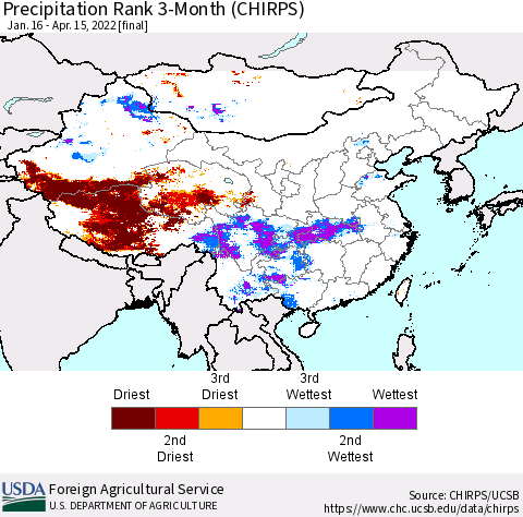 China, Mongolia and Taiwan Precipitation Rank since 1981, 3-Month (CHIRPS) Thematic Map For 1/16/2022 - 4/15/2022