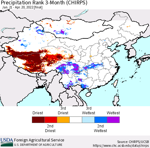 China, Mongolia and Taiwan Precipitation Rank since 1981, 3-Month (CHIRPS) Thematic Map For 1/21/2022 - 4/20/2022