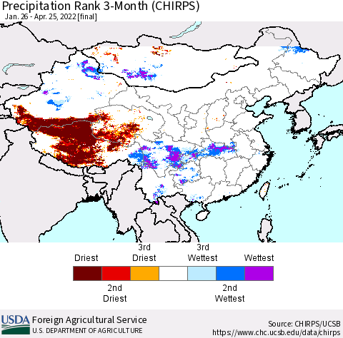China, Mongolia and Taiwan Precipitation Rank since 1981, 3-Month (CHIRPS) Thematic Map For 1/26/2022 - 4/25/2022