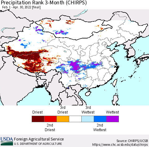 China, Mongolia and Taiwan Precipitation Rank since 1981, 3-Month (CHIRPS) Thematic Map For 2/1/2022 - 4/30/2022