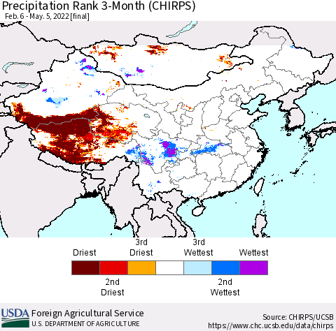 China, Mongolia and Taiwan Precipitation Rank since 1981, 3-Month (CHIRPS) Thematic Map For 2/6/2022 - 5/5/2022