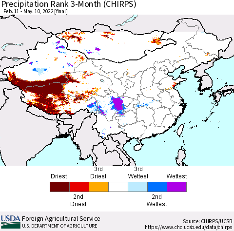 China, Mongolia and Taiwan Precipitation Rank since 1981, 3-Month (CHIRPS) Thematic Map For 2/11/2022 - 5/10/2022