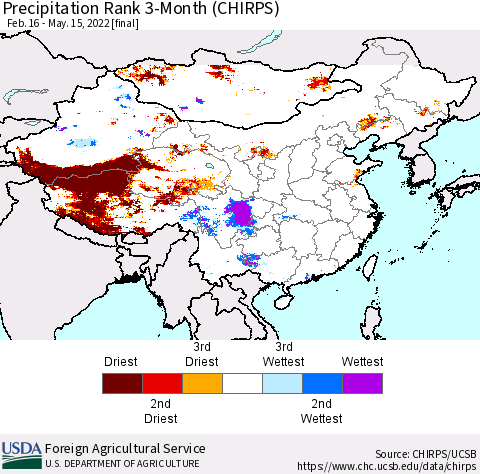 China, Mongolia and Taiwan Precipitation Rank since 1981, 3-Month (CHIRPS) Thematic Map For 2/16/2022 - 5/15/2022
