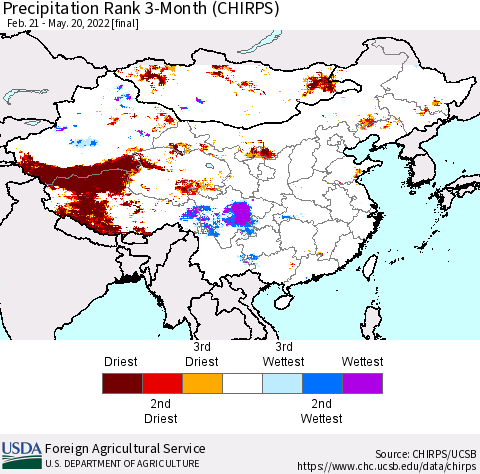 China, Mongolia and Taiwan Precipitation Rank since 1981, 3-Month (CHIRPS) Thematic Map For 2/21/2022 - 5/20/2022