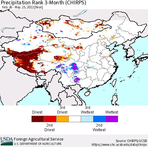 China, Mongolia and Taiwan Precipitation Rank since 1981, 3-Month (CHIRPS) Thematic Map For 2/26/2022 - 5/25/2022