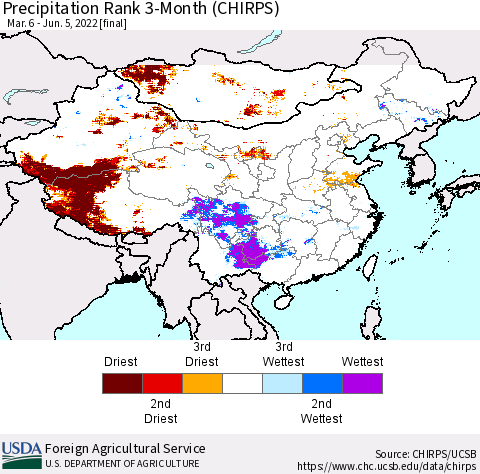China, Mongolia and Taiwan Precipitation Rank since 1981, 3-Month (CHIRPS) Thematic Map For 3/6/2022 - 6/5/2022