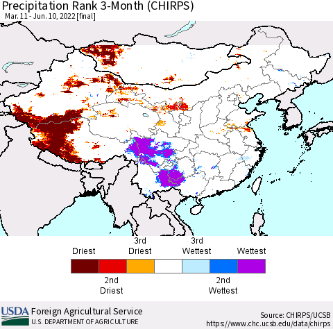 China, Mongolia and Taiwan Precipitation Rank since 1981, 3-Month (CHIRPS) Thematic Map For 3/11/2022 - 6/10/2022
