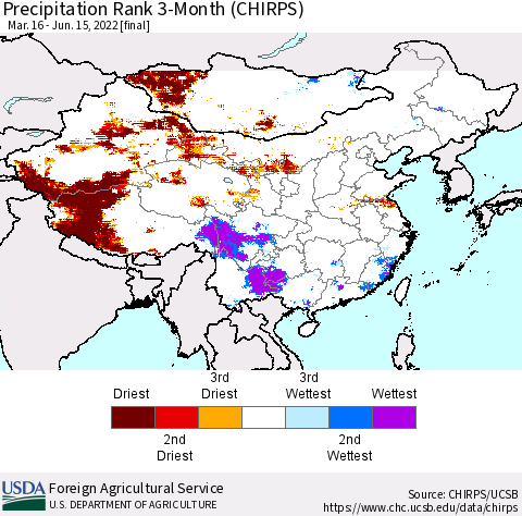 China, Mongolia and Taiwan Precipitation Rank since 1981, 3-Month (CHIRPS) Thematic Map For 3/16/2022 - 6/15/2022