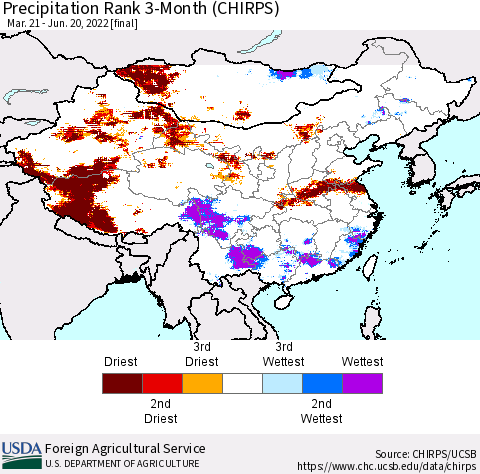 China, Mongolia and Taiwan Precipitation Rank since 1981, 3-Month (CHIRPS) Thematic Map For 3/21/2022 - 6/20/2022