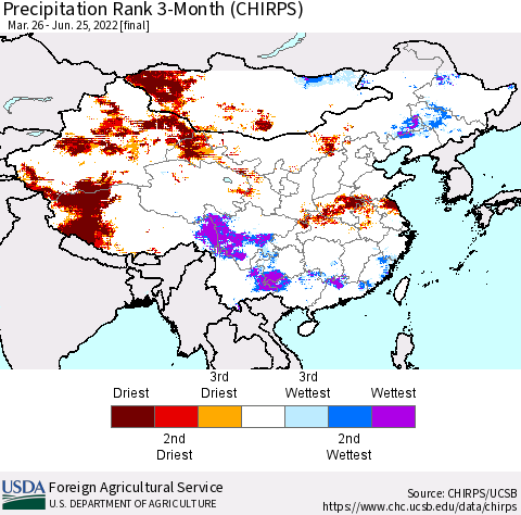 China, Mongolia and Taiwan Precipitation Rank since 1981, 3-Month (CHIRPS) Thematic Map For 3/26/2022 - 6/25/2022