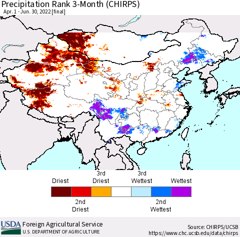 China, Mongolia and Taiwan Precipitation Rank since 1981, 3-Month (CHIRPS) Thematic Map For 4/1/2022 - 6/30/2022