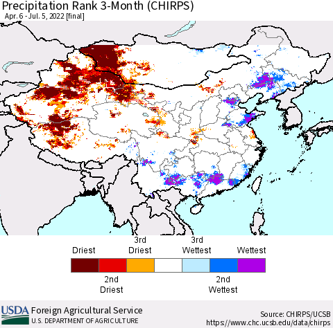 China, Mongolia and Taiwan Precipitation Rank since 1981, 3-Month (CHIRPS) Thematic Map For 4/6/2022 - 7/5/2022