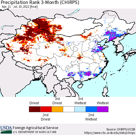 China, Mongolia and Taiwan Precipitation Rank since 1981, 3-Month (CHIRPS) Thematic Map For 4/11/2022 - 7/10/2022