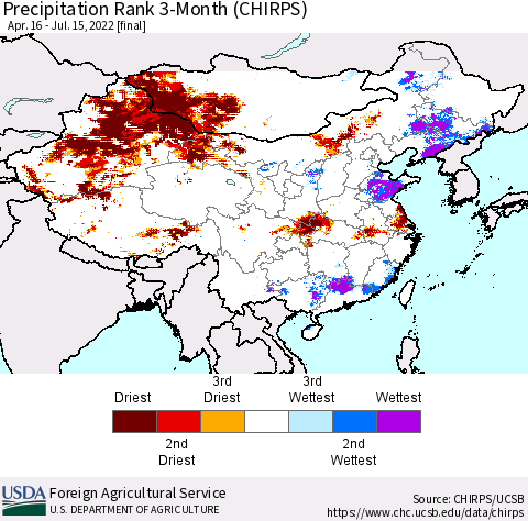 China, Mongolia and Taiwan Precipitation Rank since 1981, 3-Month (CHIRPS) Thematic Map For 4/16/2022 - 7/15/2022