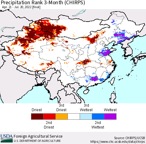 China, Mongolia and Taiwan Precipitation Rank since 1981, 3-Month (CHIRPS) Thematic Map For 4/21/2022 - 7/20/2022