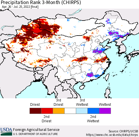 China, Mongolia and Taiwan Precipitation Rank since 1981, 3-Month (CHIRPS) Thematic Map For 4/26/2022 - 7/25/2022