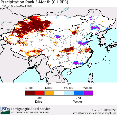 China, Mongolia and Taiwan Precipitation Rank since 1981, 3-Month (CHIRPS) Thematic Map For 5/1/2022 - 7/31/2022