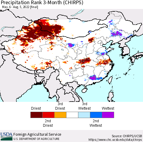 China, Mongolia and Taiwan Precipitation Rank since 1981, 3-Month (CHIRPS) Thematic Map For 5/6/2022 - 8/5/2022