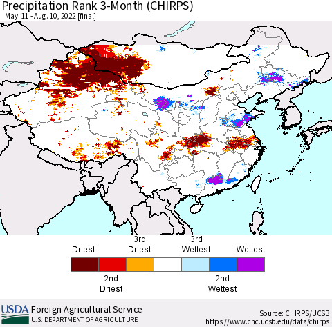 China, Mongolia and Taiwan Precipitation Rank since 1981, 3-Month (CHIRPS) Thematic Map For 5/11/2022 - 8/10/2022