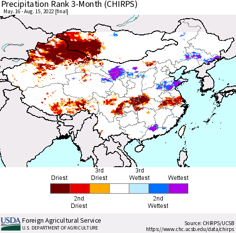China, Mongolia and Taiwan Precipitation Rank since 1981, 3-Month (CHIRPS) Thematic Map For 5/16/2022 - 8/15/2022