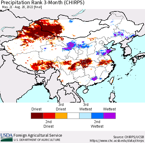 China, Mongolia and Taiwan Precipitation Rank since 1981, 3-Month (CHIRPS) Thematic Map For 5/21/2022 - 8/20/2022