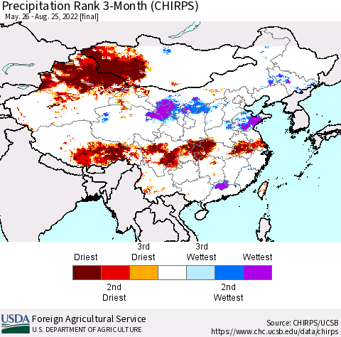 China, Mongolia and Taiwan Precipitation Rank since 1981, 3-Month (CHIRPS) Thematic Map For 5/26/2022 - 8/25/2022