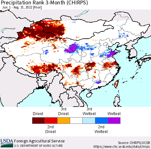 China, Mongolia and Taiwan Precipitation Rank since 1981, 3-Month (CHIRPS) Thematic Map For 6/1/2022 - 8/31/2022