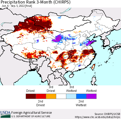 China, Mongolia and Taiwan Precipitation Rank since 1981, 3-Month (CHIRPS) Thematic Map For 6/6/2022 - 9/5/2022