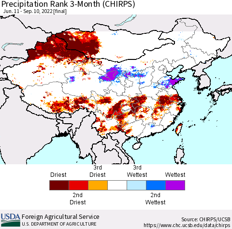 China, Mongolia and Taiwan Precipitation Rank since 1981, 3-Month (CHIRPS) Thematic Map For 6/11/2022 - 9/10/2022