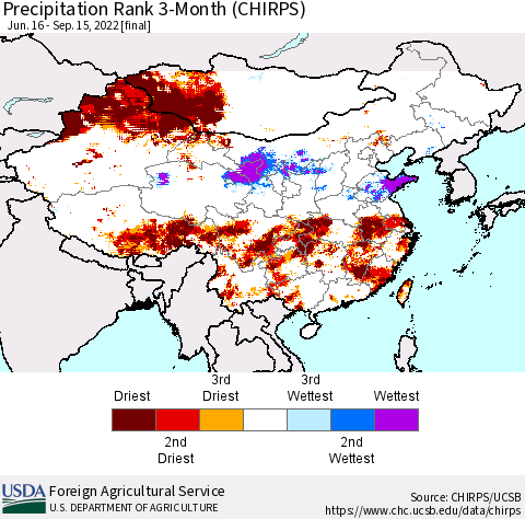 China, Mongolia and Taiwan Precipitation Rank since 1981, 3-Month (CHIRPS) Thematic Map For 6/16/2022 - 9/15/2022