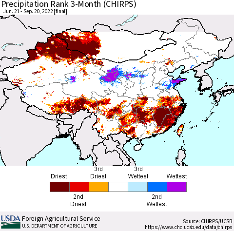 China, Mongolia and Taiwan Precipitation Rank since 1981, 3-Month (CHIRPS) Thematic Map For 6/21/2022 - 9/20/2022