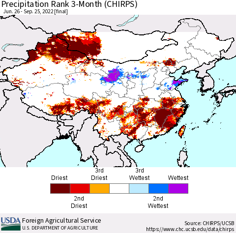 China, Mongolia and Taiwan Precipitation Rank since 1981, 3-Month (CHIRPS) Thematic Map For 6/26/2022 - 9/25/2022