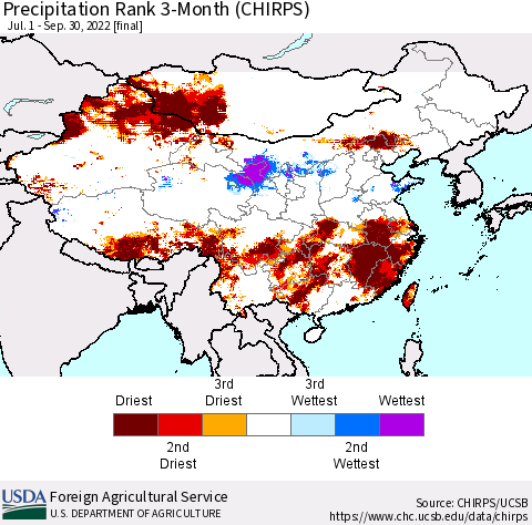 China, Mongolia and Taiwan Precipitation Rank since 1981, 3-Month (CHIRPS) Thematic Map For 7/1/2022 - 9/30/2022