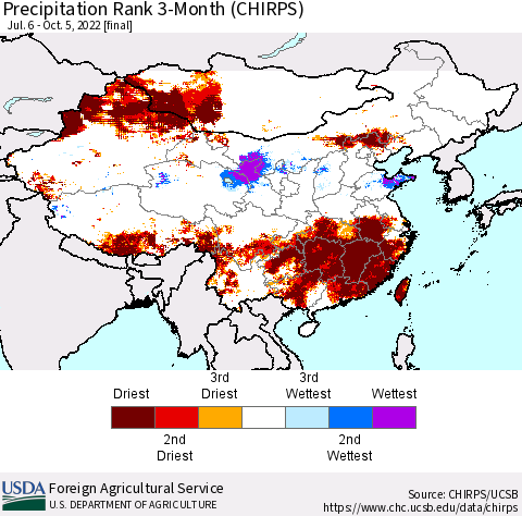 China, Mongolia and Taiwan Precipitation Rank since 1981, 3-Month (CHIRPS) Thematic Map For 7/6/2022 - 10/5/2022