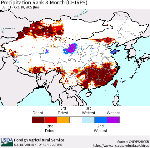 China, Mongolia and Taiwan Precipitation Rank since 1981, 3-Month (CHIRPS) Thematic Map For 7/11/2022 - 10/10/2022