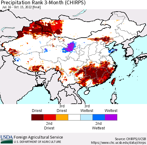 China, Mongolia and Taiwan Precipitation Rank since 1981, 3-Month (CHIRPS) Thematic Map For 7/16/2022 - 10/15/2022