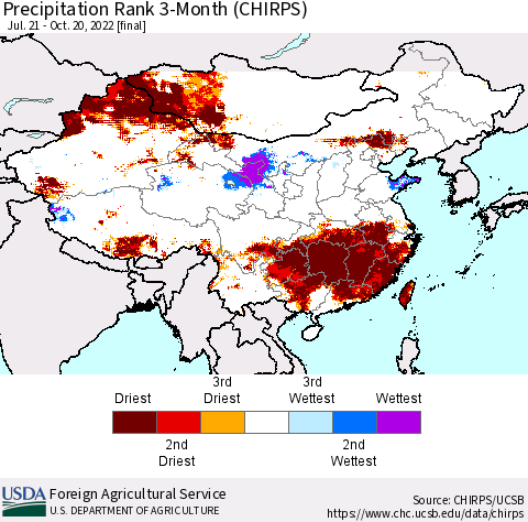 China, Mongolia and Taiwan Precipitation Rank since 1981, 3-Month (CHIRPS) Thematic Map For 7/21/2022 - 10/20/2022