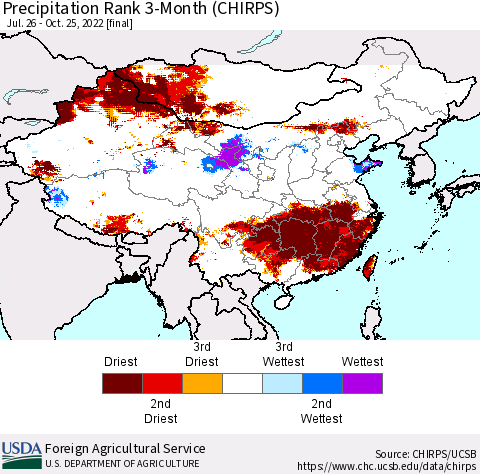 China, Mongolia and Taiwan Precipitation Rank since 1981, 3-Month (CHIRPS) Thematic Map For 7/26/2022 - 10/25/2022