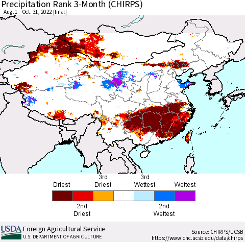 China, Mongolia and Taiwan Precipitation Rank since 1981, 3-Month (CHIRPS) Thematic Map For 8/1/2022 - 10/31/2022