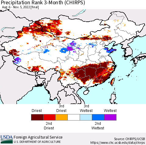 China, Mongolia and Taiwan Precipitation Rank since 1981, 3-Month (CHIRPS) Thematic Map For 8/6/2022 - 11/5/2022