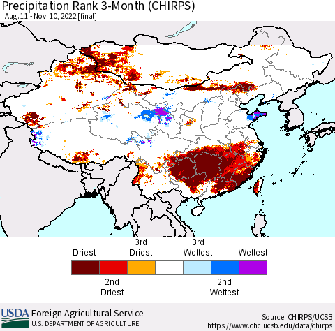China, Mongolia and Taiwan Precipitation Rank since 1981, 3-Month (CHIRPS) Thematic Map For 8/11/2022 - 11/10/2022