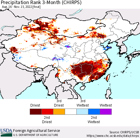 China, Mongolia and Taiwan Precipitation Rank since 1981, 3-Month (CHIRPS) Thematic Map For 8/16/2022 - 11/15/2022