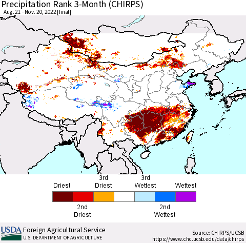 China, Mongolia and Taiwan Precipitation Rank since 1981, 3-Month (CHIRPS) Thematic Map For 8/21/2022 - 11/20/2022