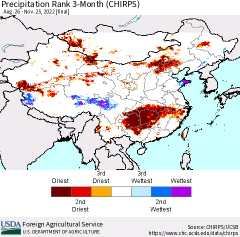 China, Mongolia and Taiwan Precipitation Rank since 1981, 3-Month (CHIRPS) Thematic Map For 8/26/2022 - 11/25/2022