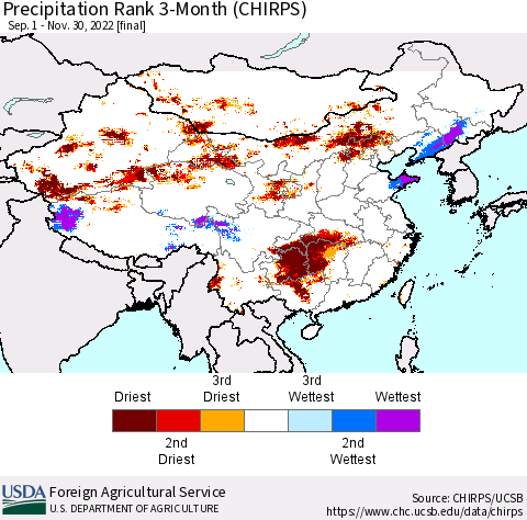 China, Mongolia and Taiwan Precipitation Rank since 1981, 3-Month (CHIRPS) Thematic Map For 9/1/2022 - 11/30/2022