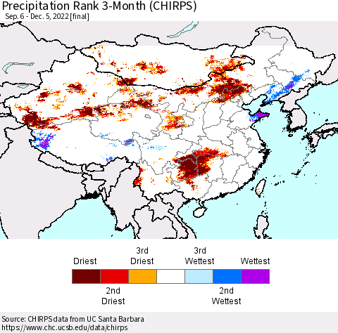 China, Mongolia and Taiwan Precipitation Rank since 1981, 3-Month (CHIRPS) Thematic Map For 9/6/2022 - 12/5/2022
