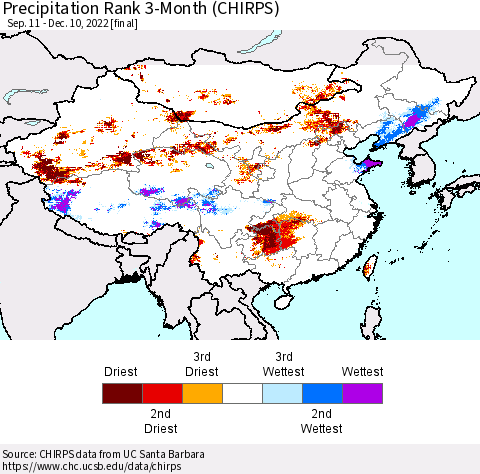 China, Mongolia and Taiwan Precipitation Rank since 1981, 3-Month (CHIRPS) Thematic Map For 9/11/2022 - 12/10/2022